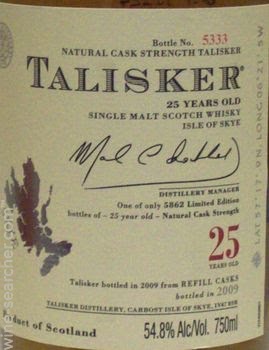 Talisker 25 Year Old Single Malt Scotch Whisky, Isle of Skye, Scotland