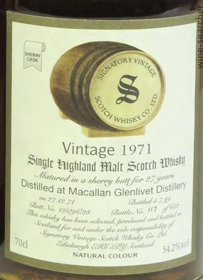 1971 Signatory Vintage Macallan - Glenlivet 27 Year Old Single Malt Scotch Whisky, Speyside - Highlands, Scotland